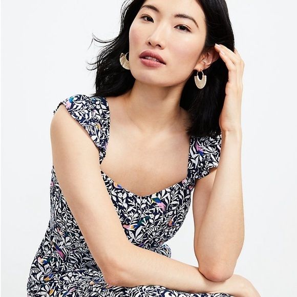 Loft Women’s Size 4 Blue Floral Bird Ruffle Strap Midi Dress Sleeveless Slit - Picture 13 of 15